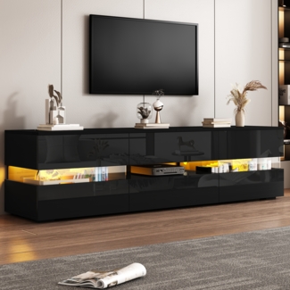 Moderner TV-Schrank 160 x 39 x 45 cm, Hochglanz Schwarz mit LED-Beleuchtung, 2 Türen & Schublade