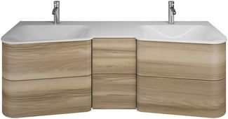 Burgbad BADU Waschbecken mit Unterschrank 152 cm breit, Braun, Doppelwaschbecken Gussmarmor Weiß, 6 Schubladen