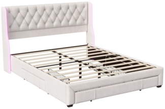 PXloue Stauraumbett Polsterbett Doppelbett, mit Lattenrost und 3 Schubladen, LED-Beleuchtung, 140x200 cm