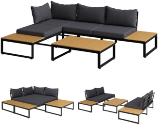STEELSØN 'Zandra' Gartenlounge Set, aus Aluminium und Akazienholz, schwarz/anthrazit, umbaubares Gartenmöbel Set mit Tisch