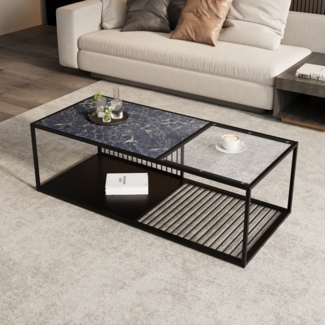 Couchtisch mit Marmorstruktur und Glasoberfläche, ntegriertem Regal und Drahtdesign
