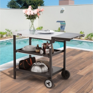 Royal Gourmet Sideboard Outdoor Grilltisch mit 3 Etagen, Edelstahl-Tischplatte 70 x 50 cm, Servierwagen mit Push-Pull Regal, klappbarer Seitenablage 30 x 50 cm