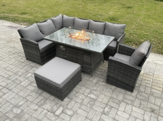 Fimous Outdoor Gartenmöbel-Set Hoher Rücken Ecksofa Gas Feuertisch Sets mit Sesseln Großer Fußhocker 8 Sitzer Dunkelgrau gemischt
