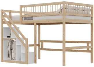 Flieks Hochbett Massivholz Einzelbett Kinderbett 90x200cm mit Stauraumtreppe