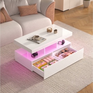 Furnishings Home Couchtisch Schreibtisch Beistelltisch LED Breite 104 cm (Hochglänzender quadratischer, 104x53x46 cm), Mit Schubladen und 16-farbigen variablen LED-Leuchten