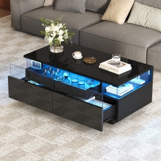 HAUSS SPOLE Couchtisch Hochglanz-Couchtisch mit 2 Schubladen, mit Tablett, LED-Licht, Schwarz (Beistelltisch, Kaffeetisch, 1-St, 2 Schubladen), Hochglanz, mit LED-Licht