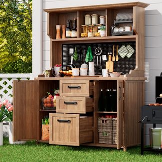 Merax Küchenschrank, buffetschrank, Gartenschrank Holz, Garten Werkzeugschrank aus massivem Tannenholz, mit 3 Schubladen, 3 Fächern, Metall-Lochwand und verstellbaren Regalböden, für Terrasse, Balkon
