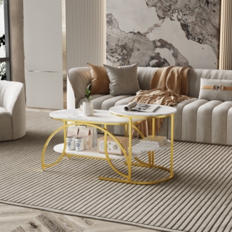 2er Set Couchtische oval, Wohnzimmertisch in Wei? & Gold, Beistelltisch mit Stauraum und stabilem Metallgestell fr Wohnzimmer Schlafzimmer Bro