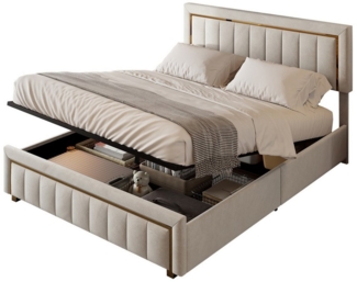 FUROKOY Polsterbett Hydraulisches Doppelbett Kiefernholzbett Funktionsbett Stauraumbett (140x200cm Jugendbett mit Lattenrost, Kopfteil,Bettkaste,Samt), ohne Matratze
