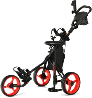 COSTWAY 3-Rad Golftrolley mit hydraulischem Sitz, Golfwagen Golf mit Aufbewahrungstasche und Getr?nkehalter, Schiebewagen, Golf Push Cart, Golfcaddy schwarz