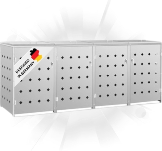 DELUKE® 4er Mülltonnenbox SOGI Edelstahl 276x115x77,5cm silber Mülltonnenverkleidung für 4 Tonnen 240L Müllbox aus Metall Mülltonnenschutz Mülltonnendach