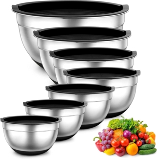 TEAMFAR Rührschüssel 7er Set Edelstahl Salatschüssel Silikonboden luftdichte