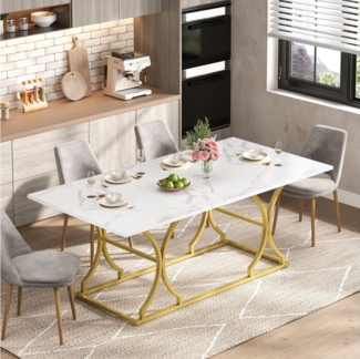 Flieks Esstisch (200x80x76 cm, 1-St, 1 Tisch für 6–10 Personen), rechteckig Küchentisch in weißer Marmoroptik, goldfarbene Metallbeine
