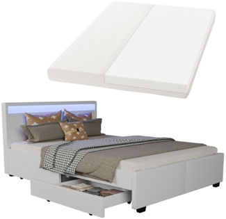 Juskys 'Lyon' Polsterbett mit Schubladen und LED-Beleuchtung, Kunstleder, Weiß, 140x200 cm, true