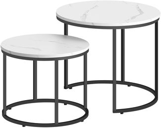 Valora runder Couchtisch, 2er-Set | Marmorplatte mit schwarzen Beinen