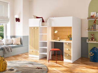 Vente-unique - Hochbett mit Kleiderschrank & Schreibtisch - 90 x 190 cm - Weiß & Holzfarben - CINAMO