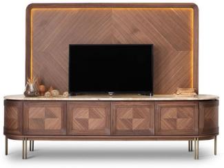 Casa Padrino Luxus TV Schrank Set Braun / Beige / Messing - Wohnzimmer Sideboard mit 4 Türen & beleuchteter TV Rückwand - Wohnzimmer Möbel - Hotel Möbel - Luxus Möbel