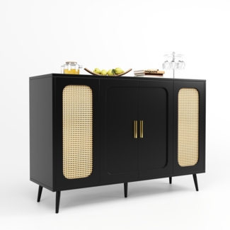 ComfortXL Sideboard mit Rattan Türen O3102, Holzwerkstoff, Schwarz, 120 x 35 x 89 cm