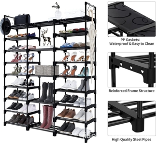 JEOBEST Schuhregal Schuhschrank 9 Ebenen Schuhaufbewahrung, DIY Schuhablagen aus Metall, 1-tlg. Platz Sparen, Standregal Schuhschrank mit Haken