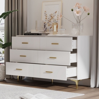 Flieks Kommode mit 6 Schubladen Weiß (Maße: H76/B120/T40 cm, 1 St, für Wohnzimmer und Schlafzimmer), Mehrzweckschrank Sideboard Holzschrank, Metallgriffe und Metallbeine