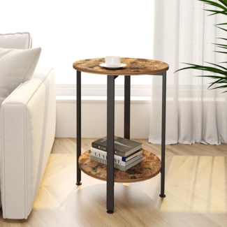 Runder Beistelltisch 2 Ebenen Holz Metall Schwarz Industrie Retro-braun