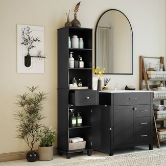 COSTWAY Badkommode, schmal Hochschrank Bad mit Schublade Holz 172cm