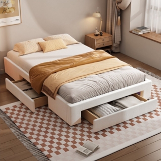 Flieks Polsterbett, Doppelbett Flachbett 140x200cm mit 3 Schubladen ohne Kopfteil Leinen