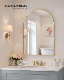 SONGMICS Spiegel für Bad, Wandspiegel, gewölbter Spiegel, Aluminiumrahmen, 91 x 61 cm, mit Sicherheitsfolie, einfache Montage, für Wohn-, Schlaf- und Badezimmer, blassgold