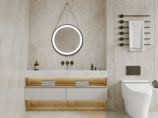 Vente-unique - Badezimmerspiegel hängend mit Aufhänger beschlagfrei - 60 x 60 cm - Schwarze Umrandung - BORJA