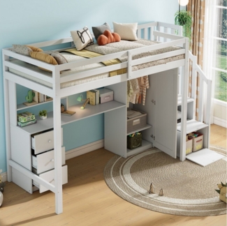 BlingBin Etagenbett Multifunktionales Kinderbett mit Schreibtisch, Kleiderschrank, Treppe (1er Set, 1-St, Großer Stauraum, ohne Matratze, 90*200cm weiß), Kinderetagenbett, Ausgestattet mit Schubladen und Treppenschrank