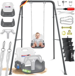 KIDIZ® Babyschaukel mit Gestell 3in1 Kinderschaukel mitwachsend für Babys ab 6 Monate & Kinder bis 10 Jahre für drinnen & draußen, bis 100kg belastbar, Schaukelgestell inkl. 4 Sandsäcke 5kg auffüllbar Hellgrau