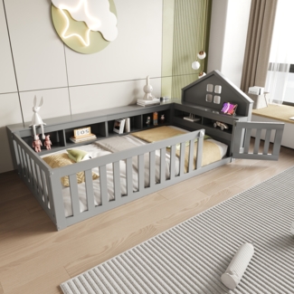 Merax Kinderbett Hausbett 90x200cm mit Tür und Fenster, Bodenbett Spielbett mit Stauraum, Einzelbett Holzbett mit Lattenrost und Rausfallschutz, Grau
