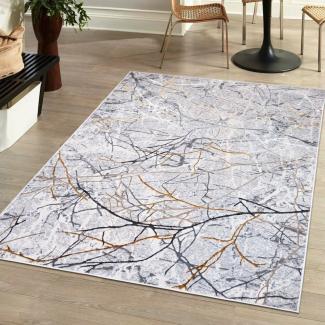 Mazovia Designteppich Modern Teppich für Wohnzimmer - Glänzende - Grau Silber mit Gold, 80 x 150 cm, Glänzende Abstrakt Marmor, Höhe 10 mm, Kurzflor - niedrige Florhöhe, Weich, Pflegeleicht