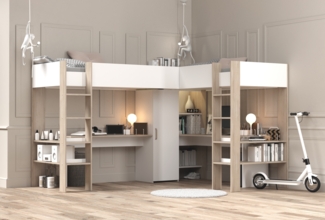 Hochbett >Alex< in Weiss / Jackson Eiche Dekor - 232x296x180cm (LxBxH)