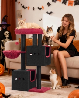 Kratzbaum, 98 cm Stabil Katzenbaum, Katzenkratzbaum mit Gro?er Liegefl?che, Katzenh?hle, Sisalst?mme, Korb, Plschb?lle, Katzenm?bel Spielbaum, Schwarz Rot