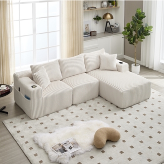 Sofa-Set, Modulares Sofa mit Chaiselongue und 2-Sitzer weicher Cordbezug 5 Kissen Taschen Getränkehalter hochdichter Schaumstoff DIY-Kombination, Cord, Schwarz
