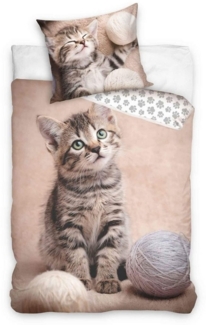 Carbotex Bettwäsche Katze - Wende-Bettwäsche-Set mit Kitten-Motiv, 135x200 & 80x80, Baumwolle, 100% Baumwolle