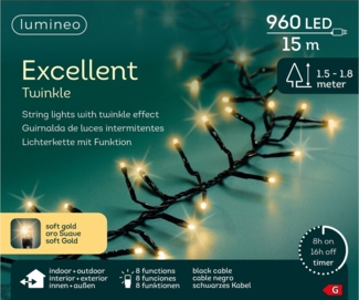 Lumineo LED-Lichterkette Lumineo Lichterkette EXCELLENT TWINKLE 960 LED 15 m Soft Gold, schwarz, Indoor/Outdoor, 8 Effekte, 8h-Timer, + 5 Meter Zuleitung