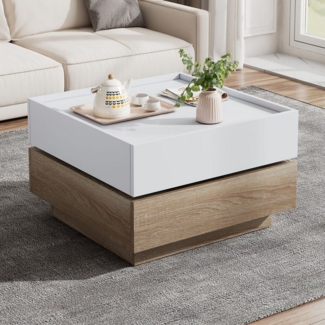 REDOM Couchtisch 360° drehbarer, 2-stufiger Wohnzimmertisch mit Schubladen (Satztisch, Wohnzimmertisch Beistelltisch, Wohnzimmertisch, 1-St, Elegantes Farbspiel), Weiß und Walnuss