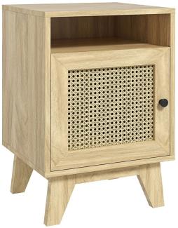 HOMCOM Nachttisch mit Regal und Tür Schrank, mit Rattan-Element (Nachtschrank, 1-St, Beistelltisch), für Schlafzimmer, Naturholz