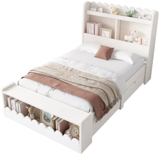 HAUSS SPOLE Kinderbett 90x200 cm mit Schubladen, Regal und Sitzbank mit Stauraum,Weiß (Einzelbett, Stauraumbett, 1-tlg, 90x200 cm, Ohne Matratze), mit Schubladen, Regal und Sitzbank