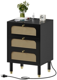 VINGLI Nachttisch Rattan mit Ladenfunktion, Beistelltisch mit 3 Schubladen, moderne Kommode aus MDF, für Wohnzimmer, Schlafzimmer, 40 x 35 x 60.5 cm