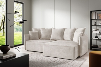 Ecksofa Schlafsofa Sofa MINEA in Stoff Poso Altweiß Ottomane Rechts