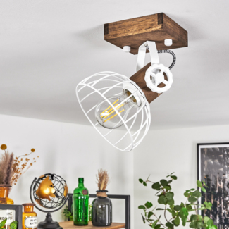 »Cotes«, Deckenlampe im Vintage-Design aus Holz/Metall in Braun/Weiß m. Schirm in Gitter-Optik, Leuchte m. Holzbalken, Textilkabeln u. verstellbarem Strahler, 1 x E27 max. 60 Watt