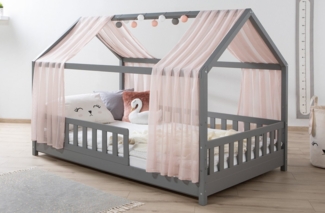 Ticaa Hausbett Kim mit Rausfallschutz aus Kiefer, Kinderbett 120x200, inkl. Tüll-Set, mit Rollrost