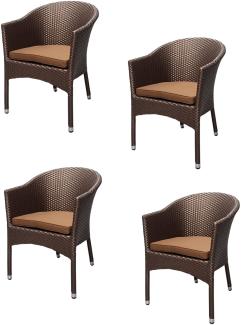 4x KONWAY® LUGANO Stapelsessel Mokka + Kissen Polyrattan Garten Sessel Stuhl Set