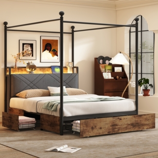 Multifunktionales Doppelbett, Stauraum, Eisenbaldachin, abnehmbare Bettpfosten, LED-Beleuchtung, USB-/Typ-C-Anschlüsse, drei Schubladen, Schwarz, 140 × 190 cm