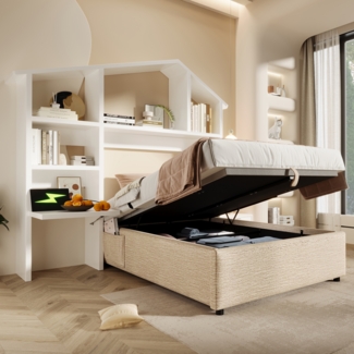 Polsterbett, Kinderbett, Mit Bücherregal, Hydraulik-Stauraum, USB-C, Einzelbett, Leinen, Naturfarbe, 90 x 190 cm