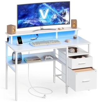 VASAGLE Schreibtisch mit Stoff-Schubladen, Computertisch mit Monitorständer, LED-Beleuchtung, 55 x 120 x 90 cm, eingebaute Steckdosen, 2 USB-A-Anschlüsse, für Homeoffice, ahornweiß