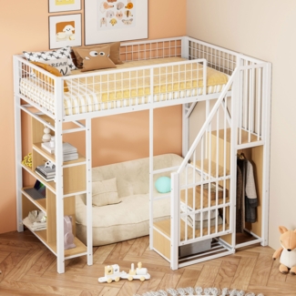 Hochbett mit Stauraumtreppe & Arbeitsbereich – Metallbett 90x200 cm,platzsparendes Jugendbett für kleine Räume,Weiß